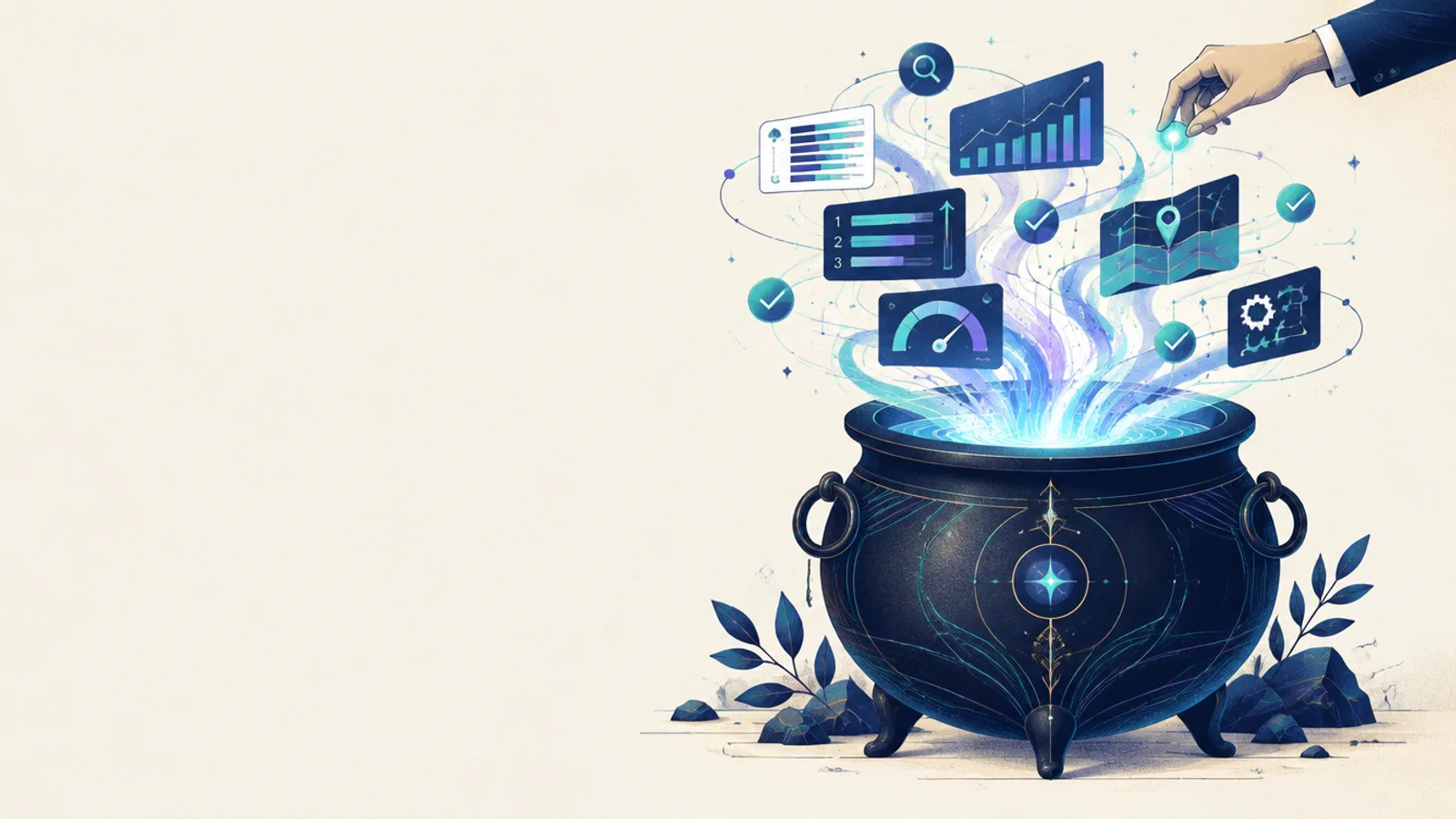 Ilustración editorial de un sistema SEO que transforma datos, mediciones y automatizaciones en acciones revisadas por especialistas